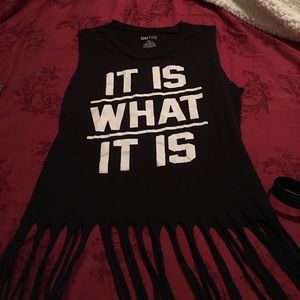 Fringed black IT IS WHAT IT IS sleeveless tank