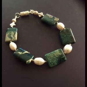 OOAK Sea Sediment Jasper, Pearl, Sterling bracelet