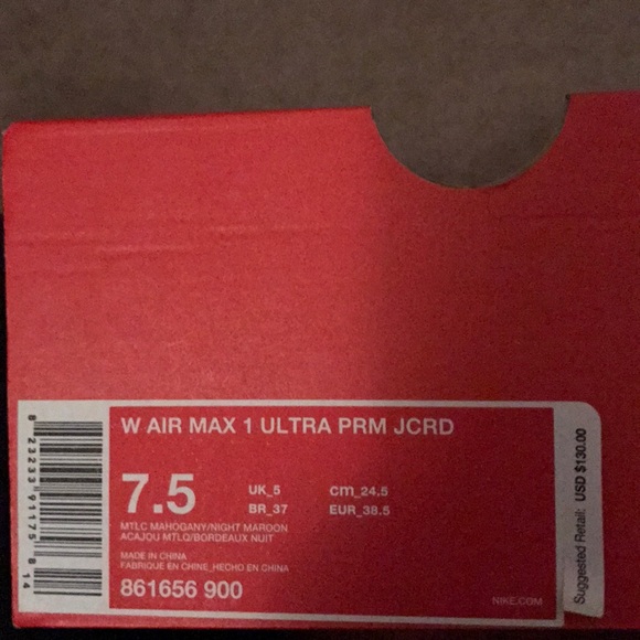 Nike Air Max 1 Ultra PRM JCRD Burgundi, size 7,5 - Picture 8 of 8