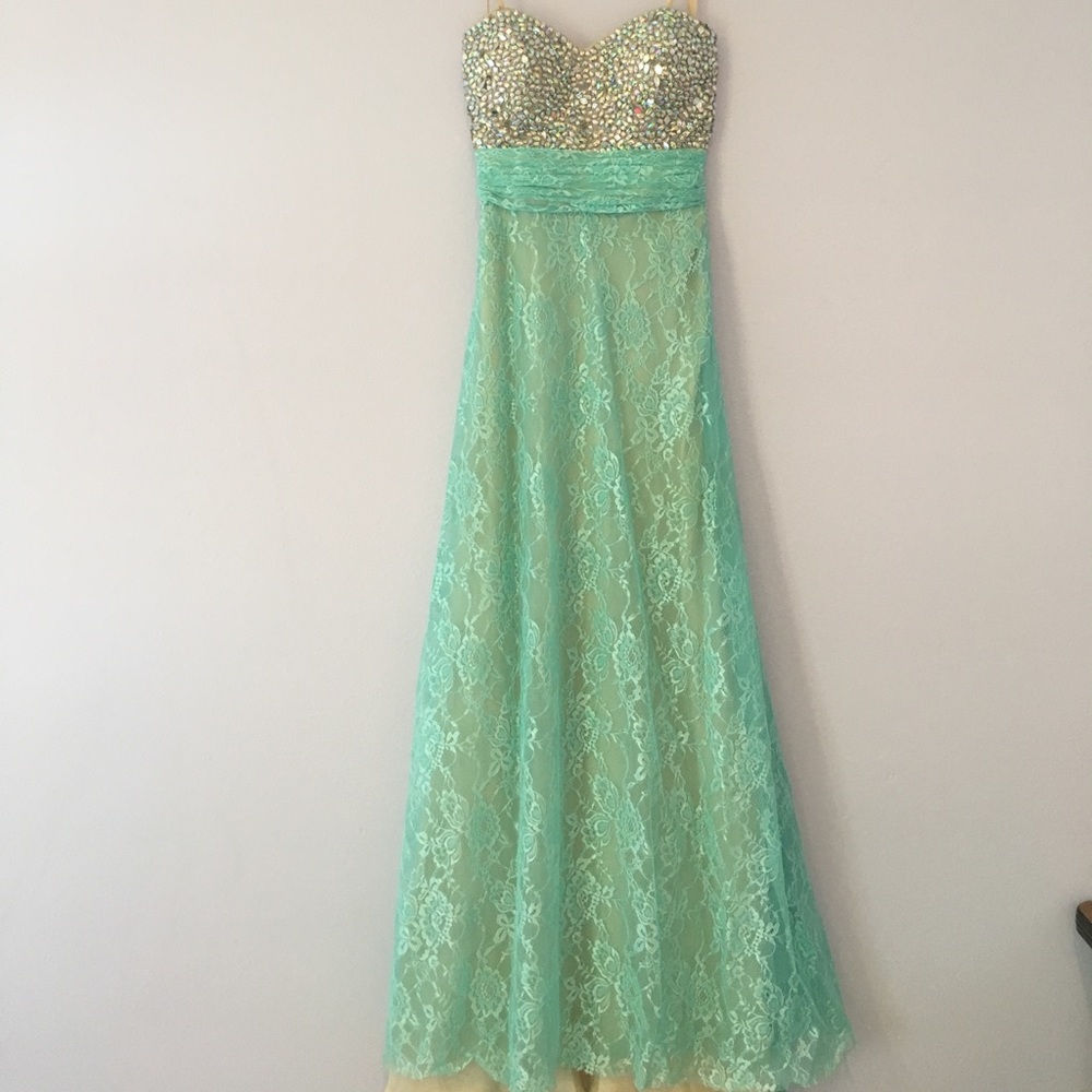 La Femme Lace Mint Prom Dress