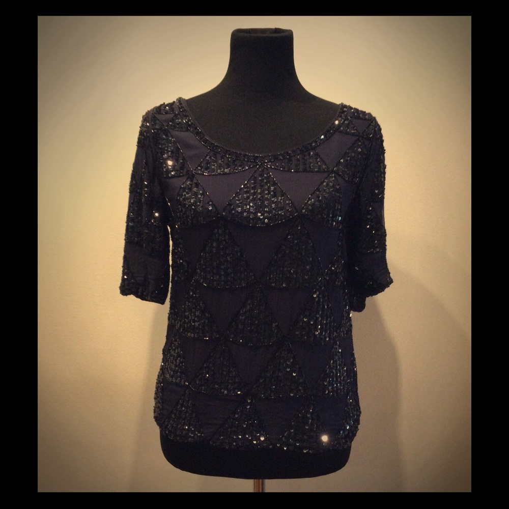 What Comes Around Goes Around Navy Silk Sequin Top