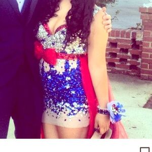 Red, blue and silver prom dress