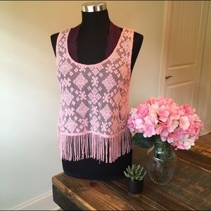Anthropologie Lush Pink Fringe Crop Tank Top