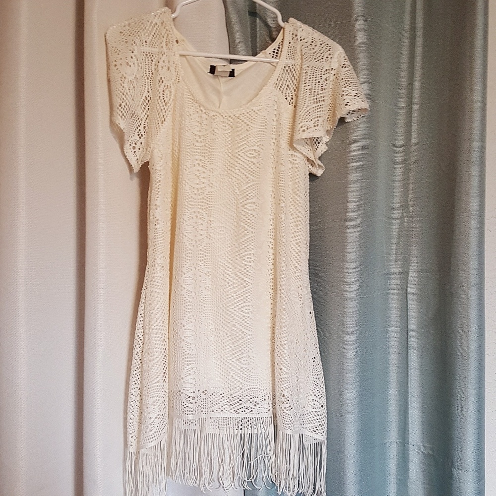 Ivory white lace and fringe dress