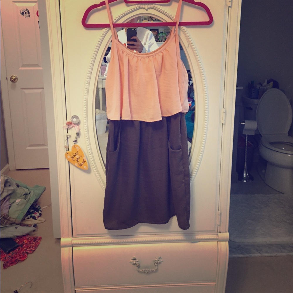 Pink and brown color blocking dress