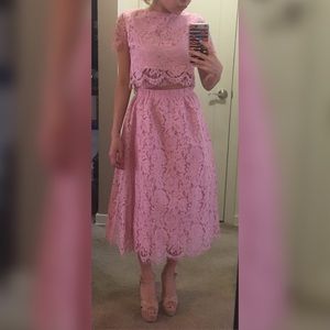 Two piece pink lace crop and skirt set