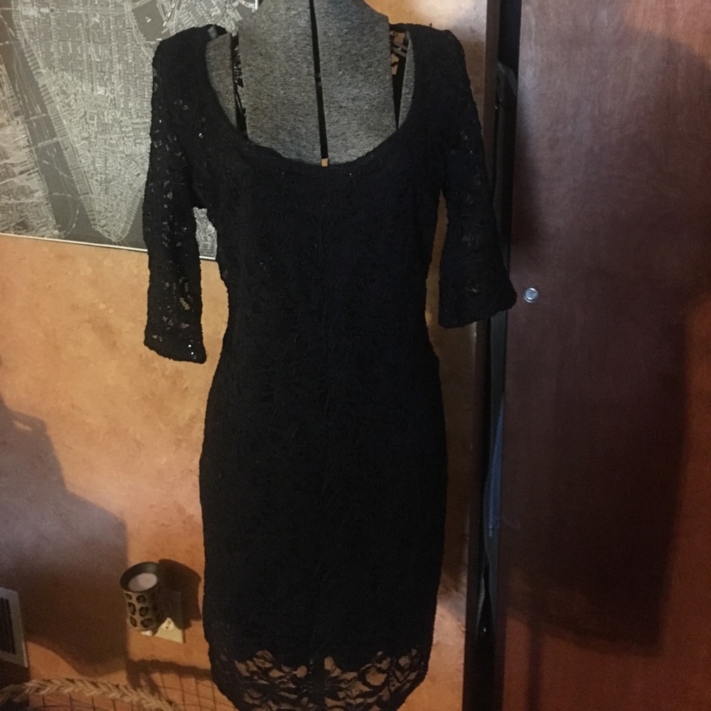 Sexy open back black lace and sequin dress