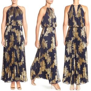Xscape Navy and Gold Foiled Pleated Dress