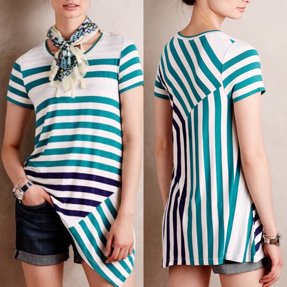 Little Yellow Button Asymmetrical Hem Striped Top