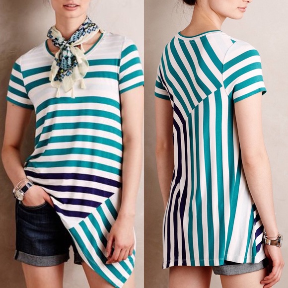 Little Yellow Button Asymmetrical Hem Striped Top - Picture 1 of 6