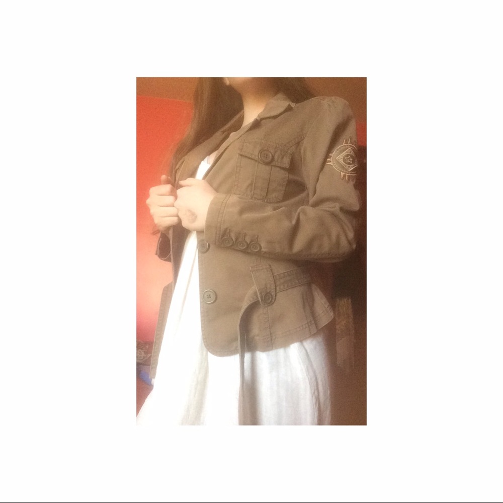 White dress with green army jacket