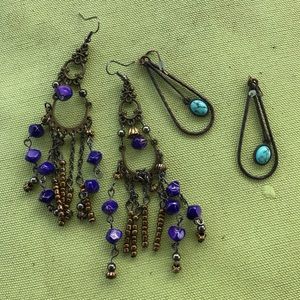 Two Pair of Dangle Earrings in Blue & Turquoise