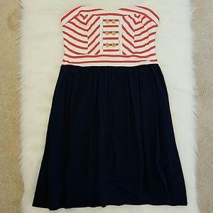 Coral white and navy dress strapless medium