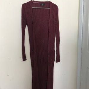 Floor length maroon button up cardigan