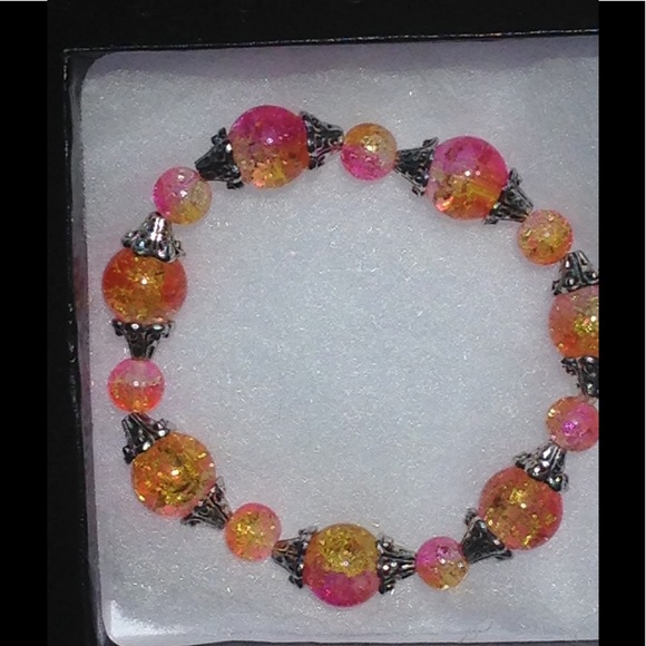 Yellow and Pink Sparkly Glass Bead Bracelet - Picture 2 of 4