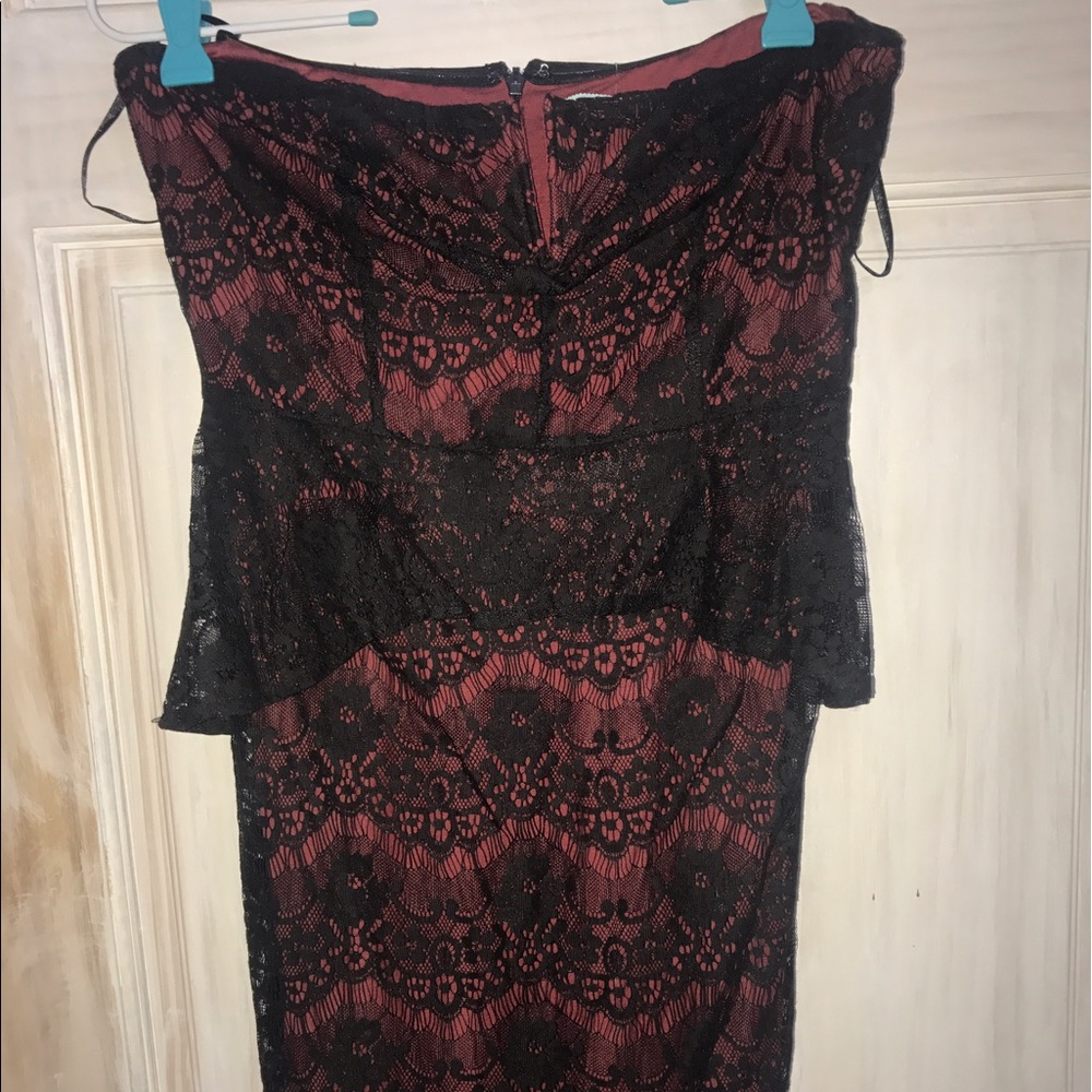 Red Strapless peplum dress w/black lace overlay