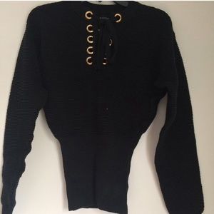 Black Ribbed Lace Up Sweater