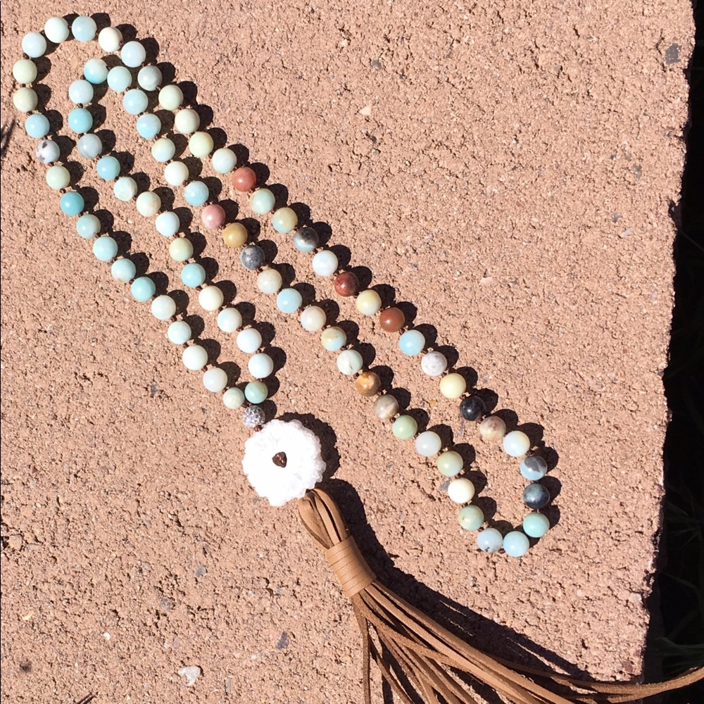 Amazonite long knotted gem necklace suede tassel