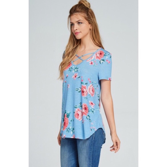 ❗️CLEARANCE❗️Blue Floral Criss Cross Tunic S M L - Picture 3 of 4