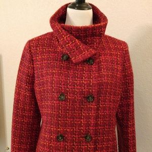 Talbots Red and Pink Plaid Pea Coat Jacket