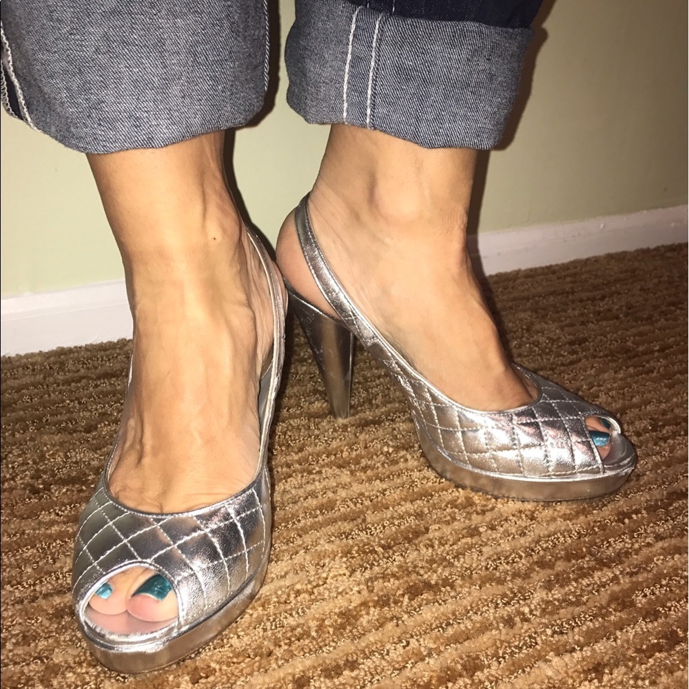 Saks Silver platform quilted peeptoe slingbacks