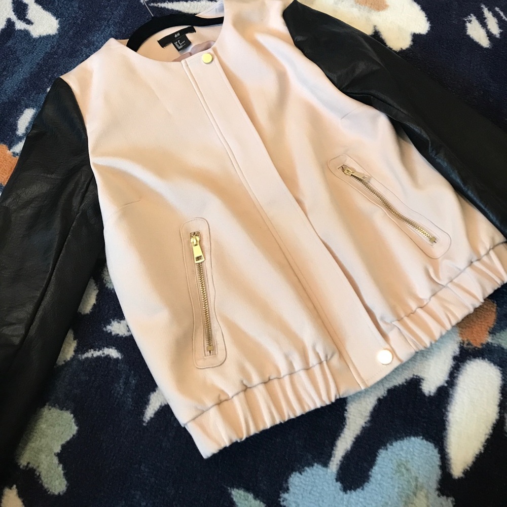H&M Blush Pink Faux Black Leather Bomber Jacket