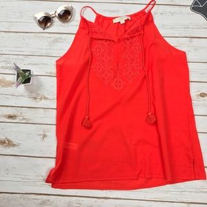 Ann Taylor Loft Red Embroidered Boho Tassel Top