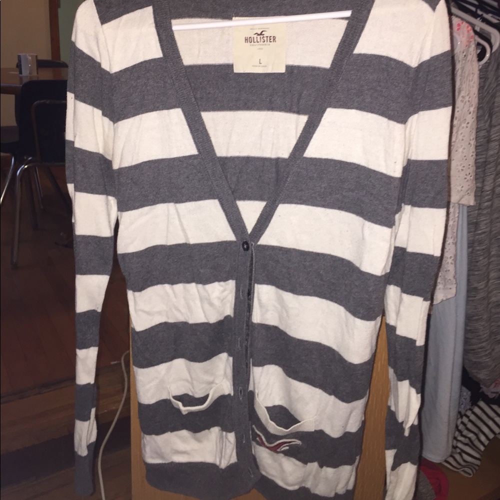 Hollister grey and white striped cardigan