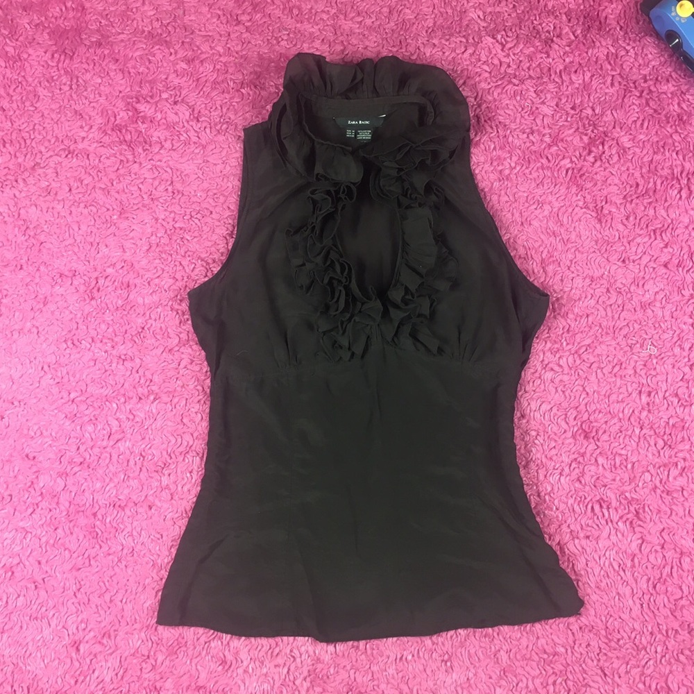 Zara Basic Silk Blend Blouse Ruffled Collar Medium