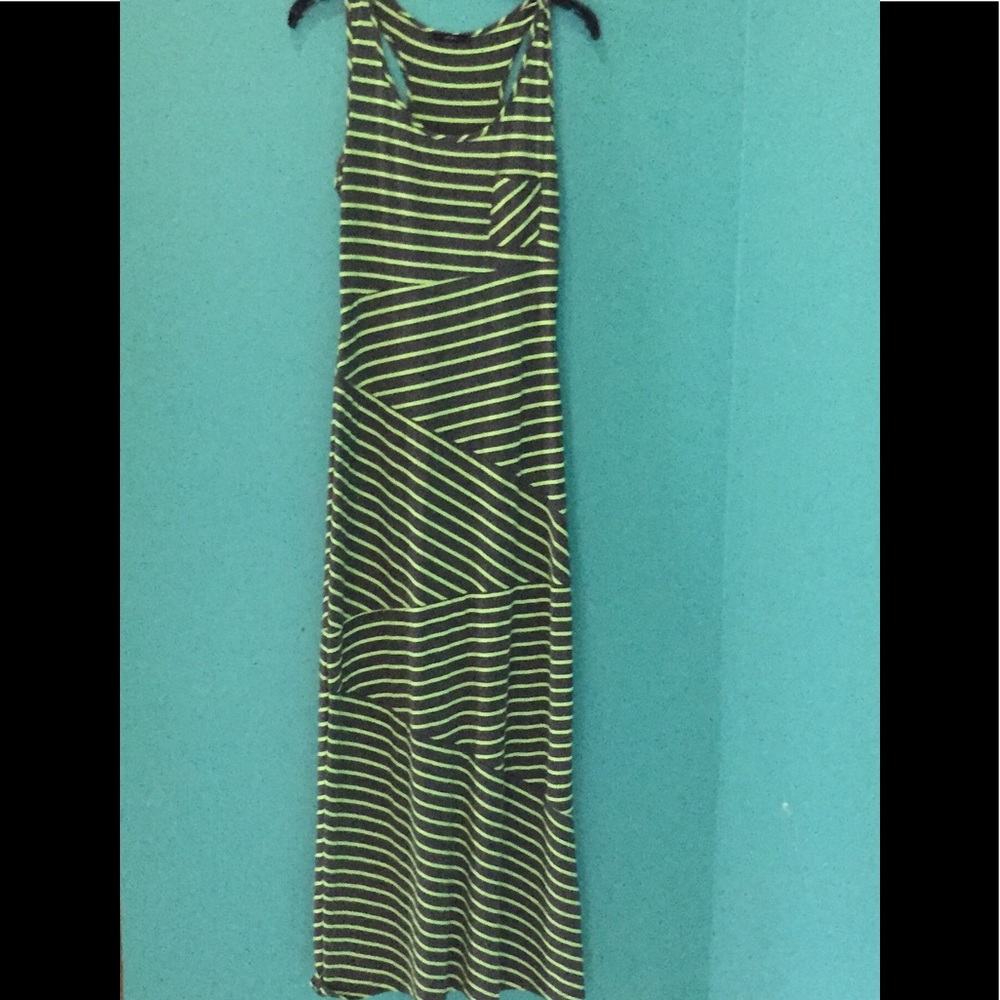 Charcoal gray and neon green striped maxi dress
