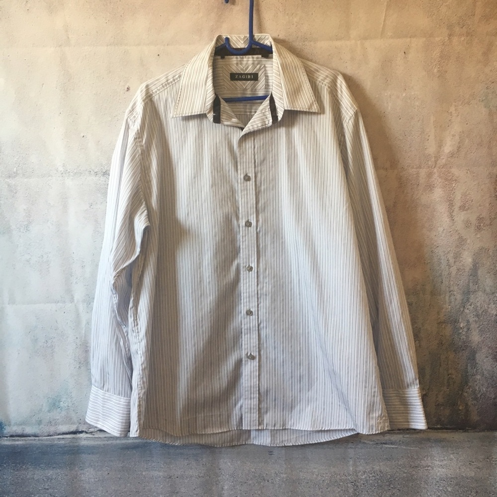 Men's gray and blue and white striped dress shirt