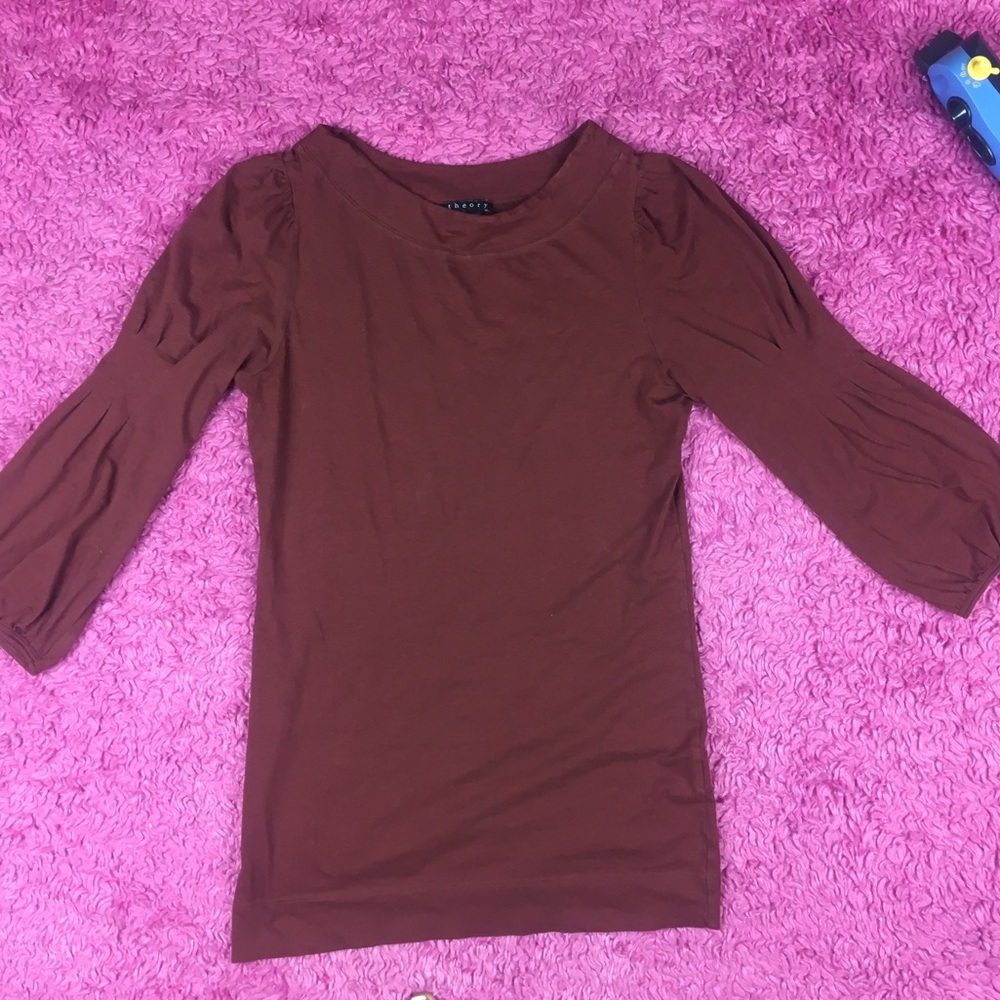 Theory Blouse 3/4 Puff Sleeve Brown Medium
