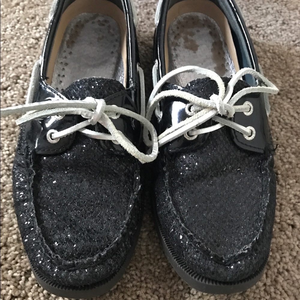 Black sparkles Sperry boat shoes