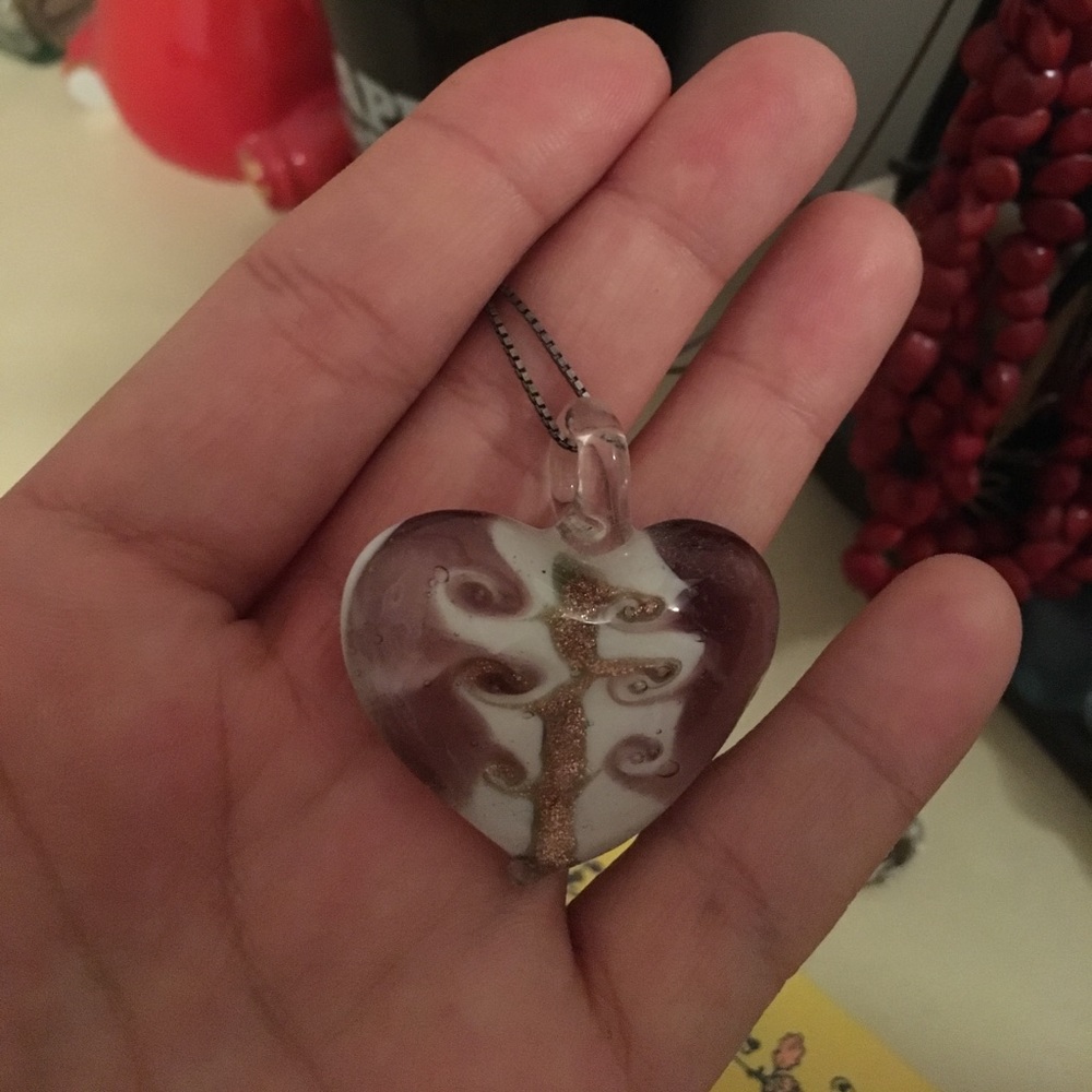 Glass Heart pendant - pink, white & gold