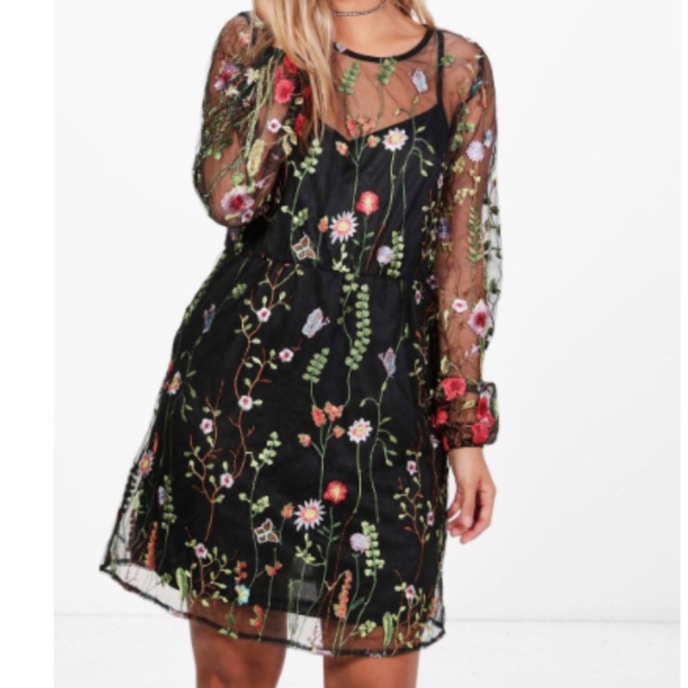 Beautiful embroidered long sleeve mesh dress