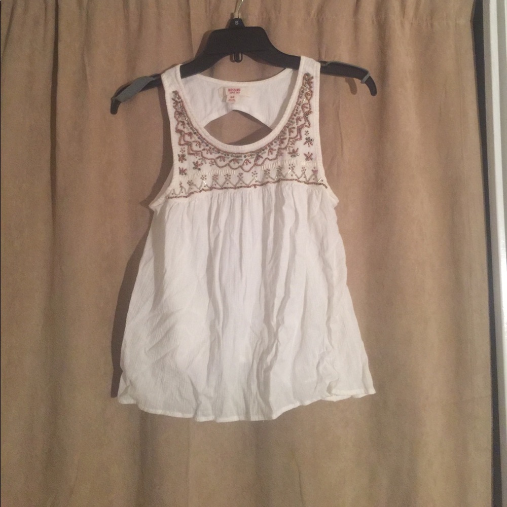 Sleeveless White Shirt w Bronze and Silver Beading