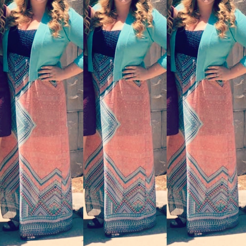 ☀️ Navy, Turquoise, and Coral Summer Maxi Dress ☀️