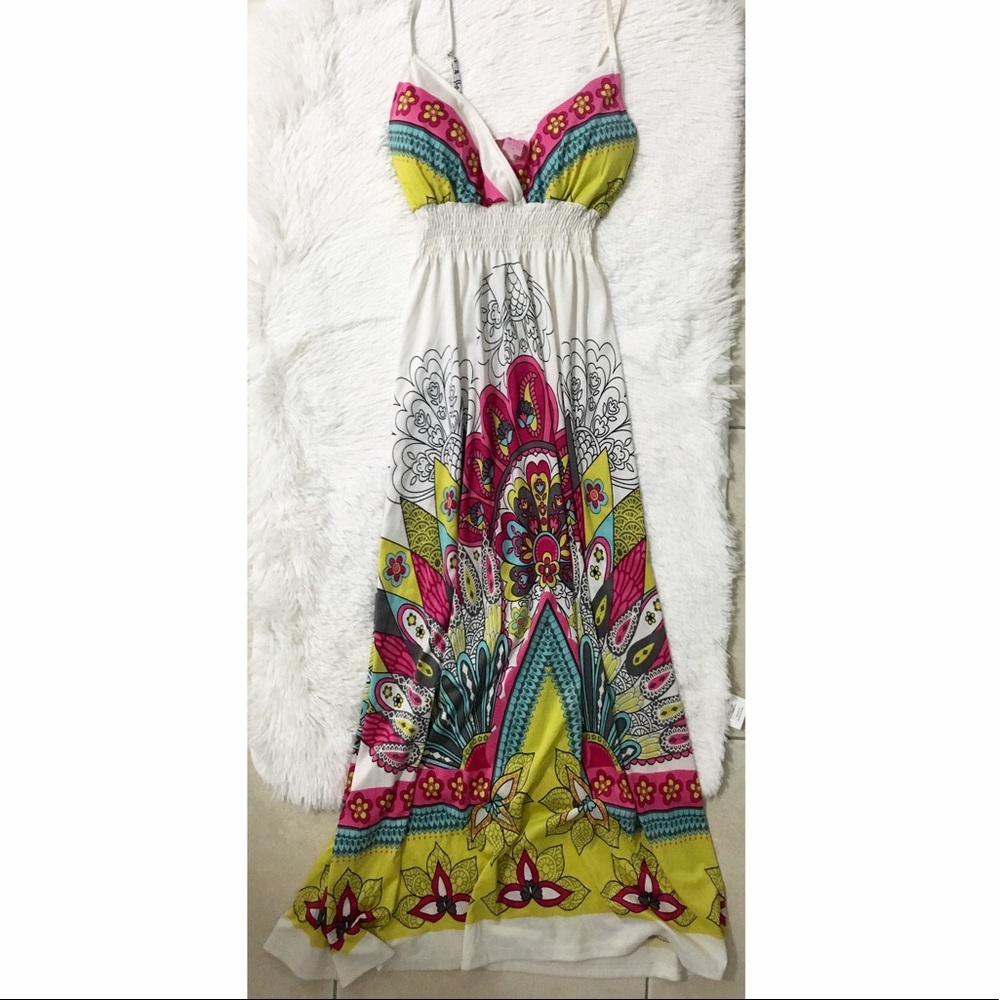 Colorful printed silky maxi dress sz M