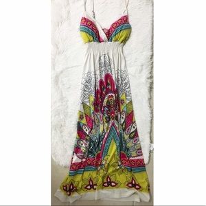 Colorful printed silky maxi dress sz M