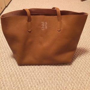 Personalized "R" Mark & Graham brown leather tote.