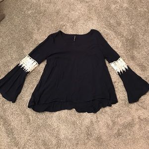 Navy and White Lace Bell Sleeve Blouse