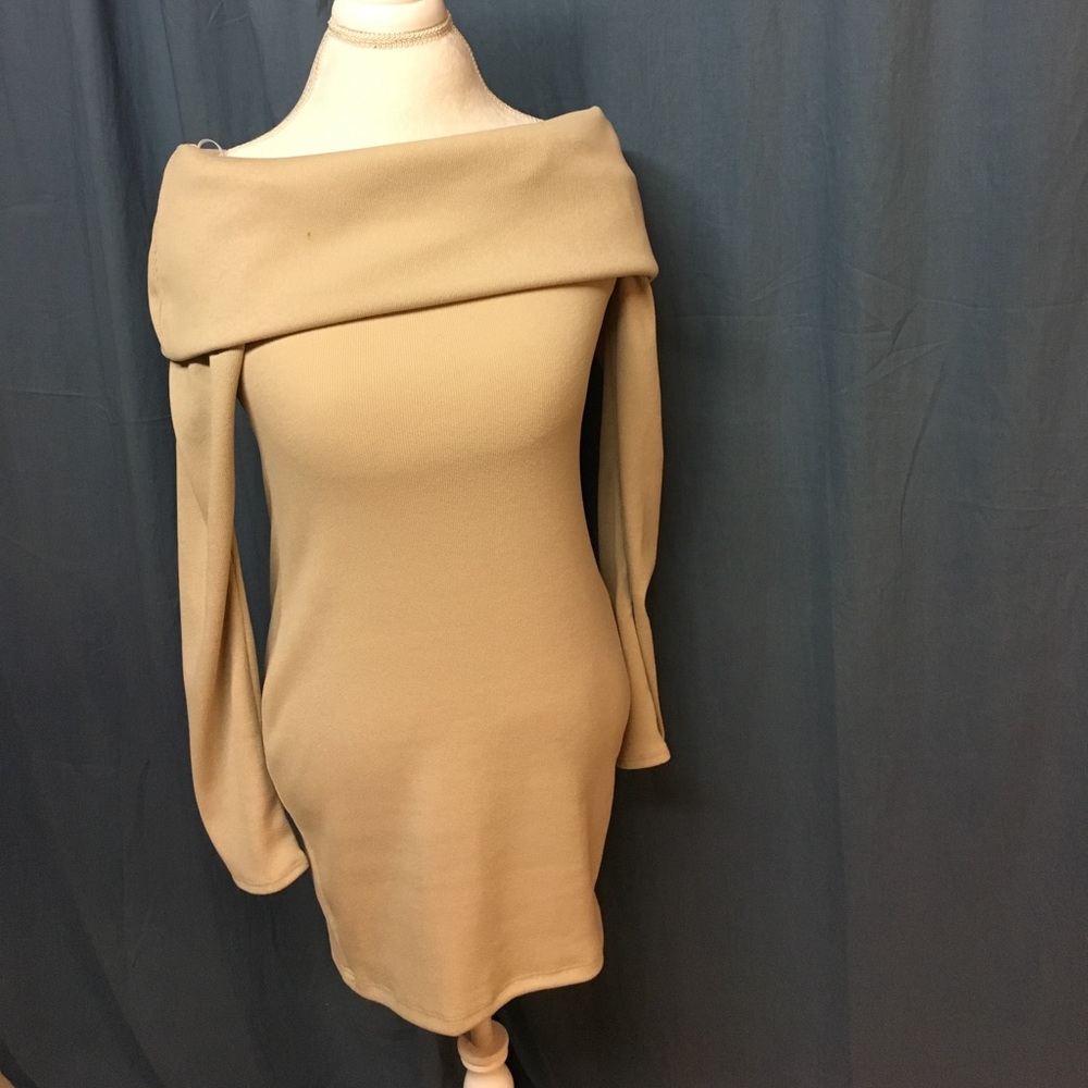 Tan, off the shoulder tunic dress