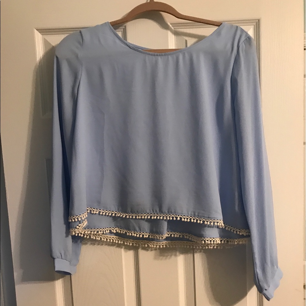 light blue long sleeve top with lace bottom