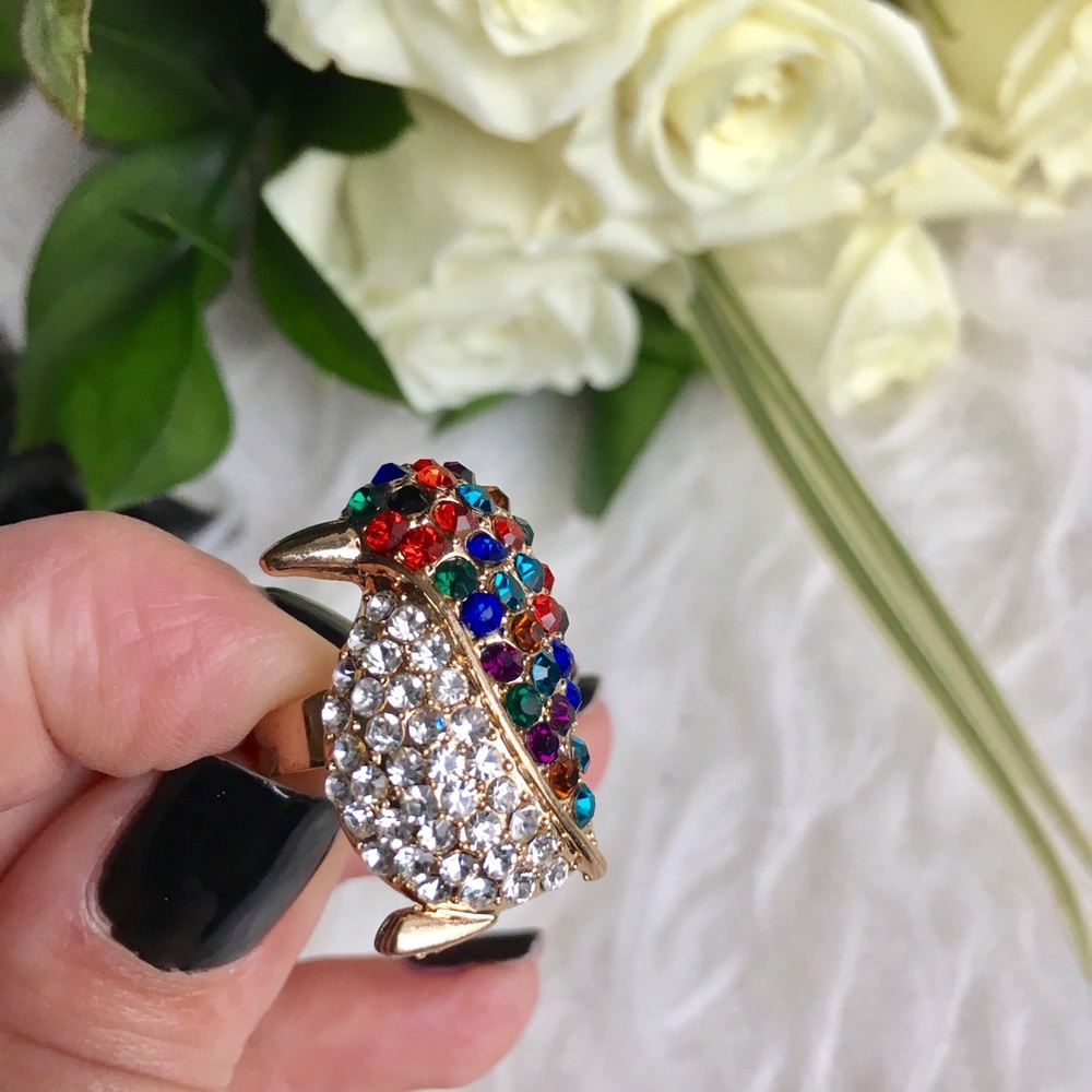 Rhinestone penguin statement ring adjustable