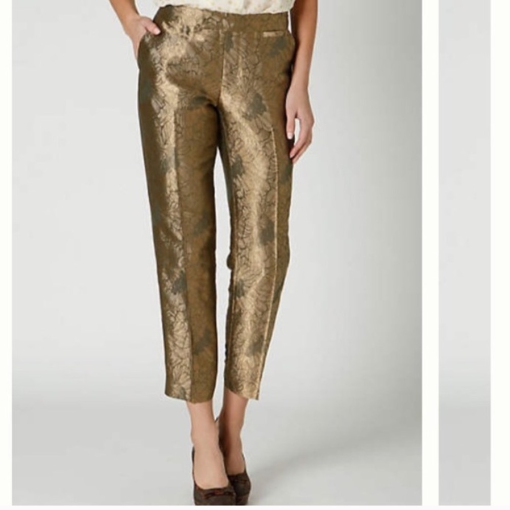 Anthropologie Elevenses Gold Jacquard Cropped Pant