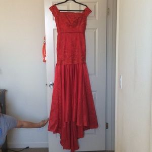 Off the shoulder red evening dress