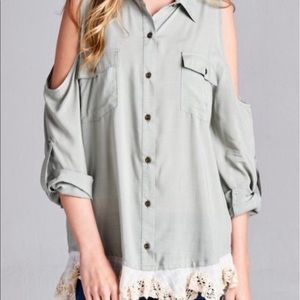 Sage Cut-Out Shoulder Top with Lace Trim