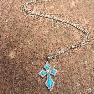 Silver cross necklace with turquoise color inlay