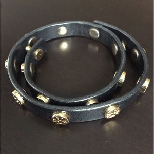 Tory Burch Black And Gold Leather Wrap Bracelet