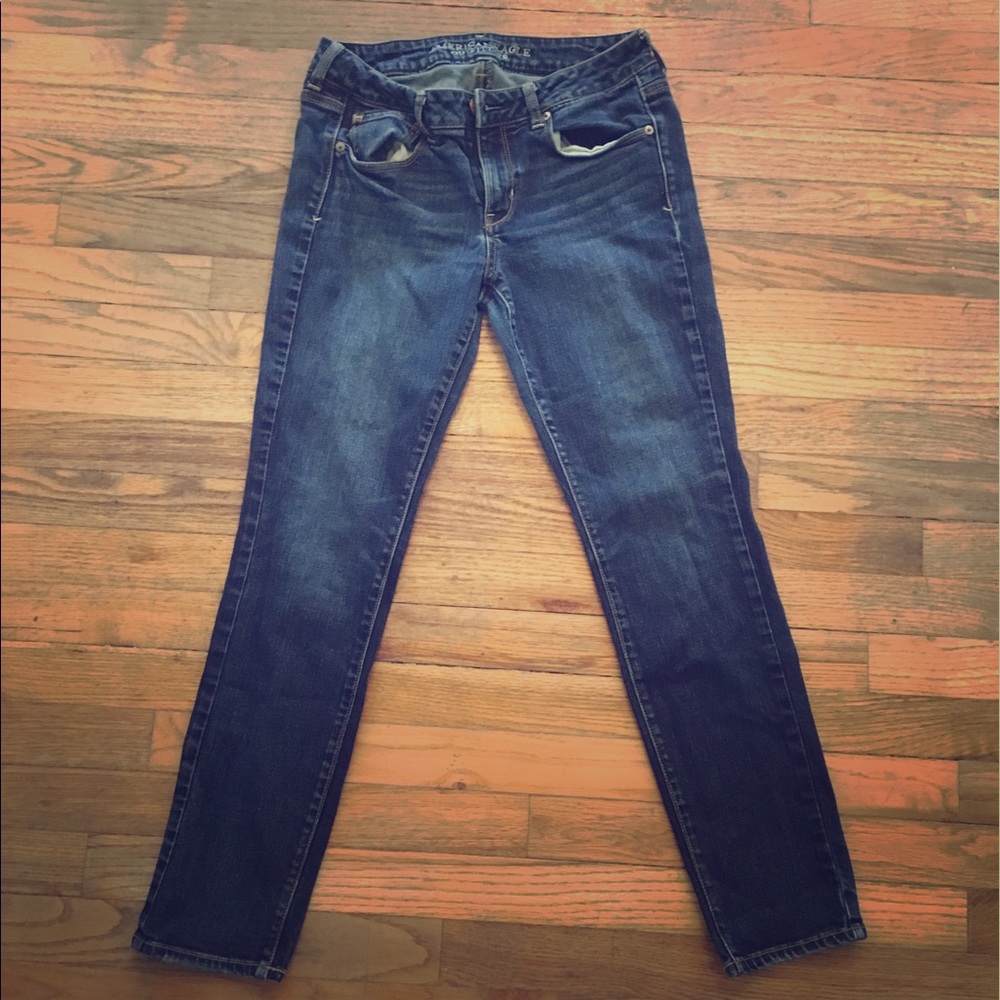 Dark wash skinny jeans by American Eagle.